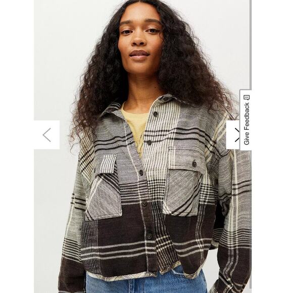 BDG Urban Outfitters Caleb Black & White Cropped Flannel Shirt SZ Large - Picture 1 of 7